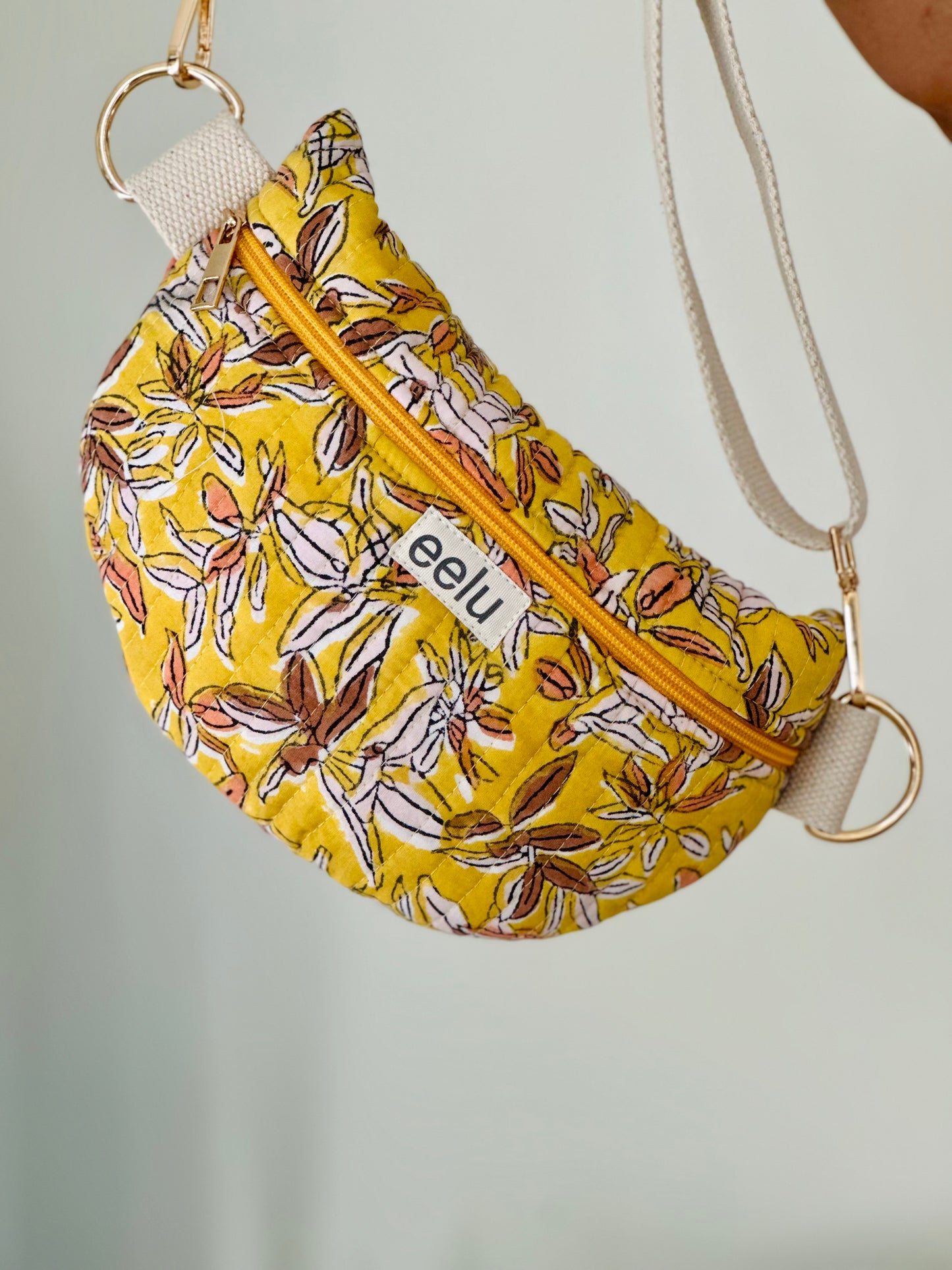 Mukhi Crossbody Bag – Handmade Yellow Floral Sling | Cotton Block Print