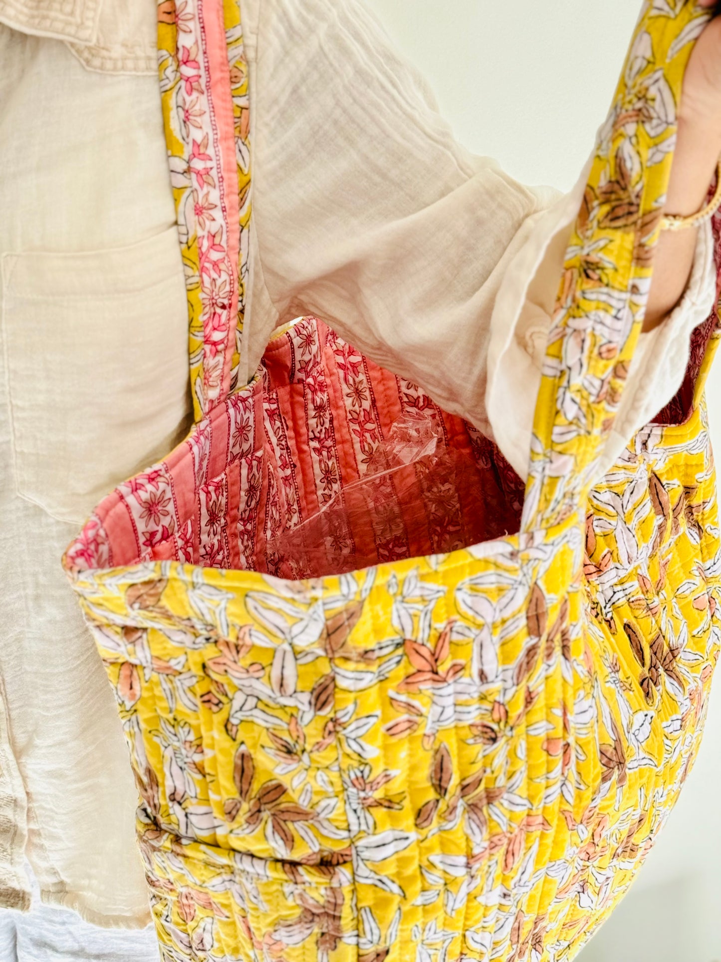 Mukhi Tote Bag – Reversible Quilted Cotton Tote | Hand-Printed Travel Bag