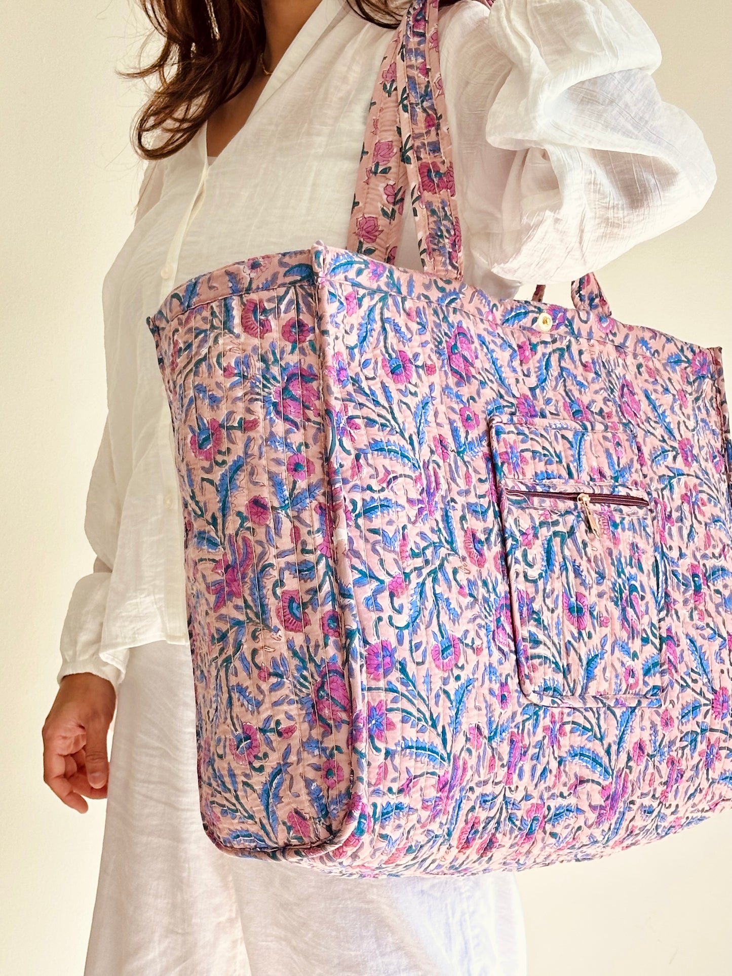 Kamal Tote Bag – Reversible Quilted Cotton Tote | Hand-Printed Travel Bag