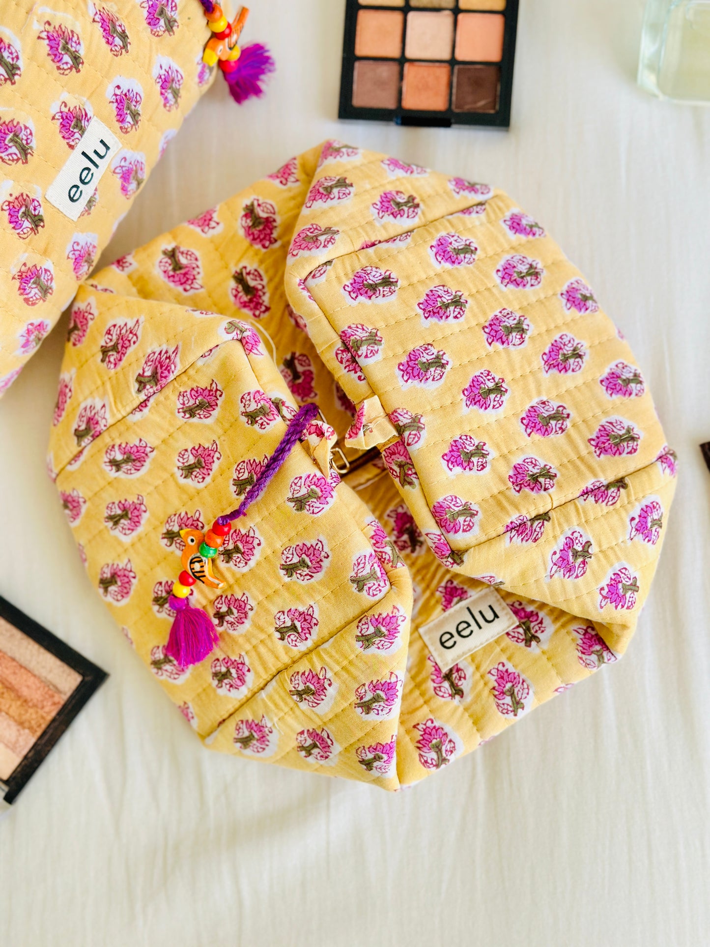 Quilted Cotton Makeup Pouch | Handcrafted Travel Bag - Lemon Yellow