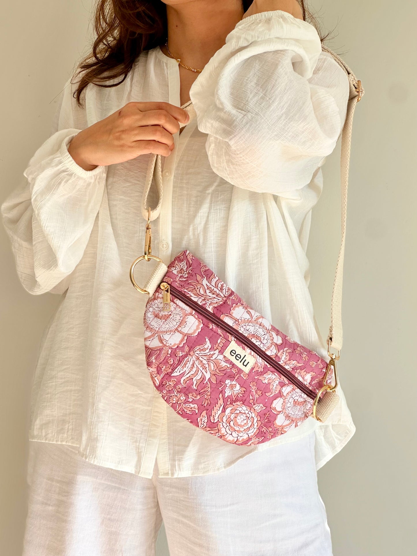 Indira Crossbody Bag – Handmade Magenta Floral Sling | Cotton Block Print
