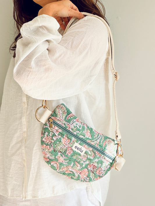 Leela Crossbody Bag – Handmade Green Floral Sling | Cotton Block Print
