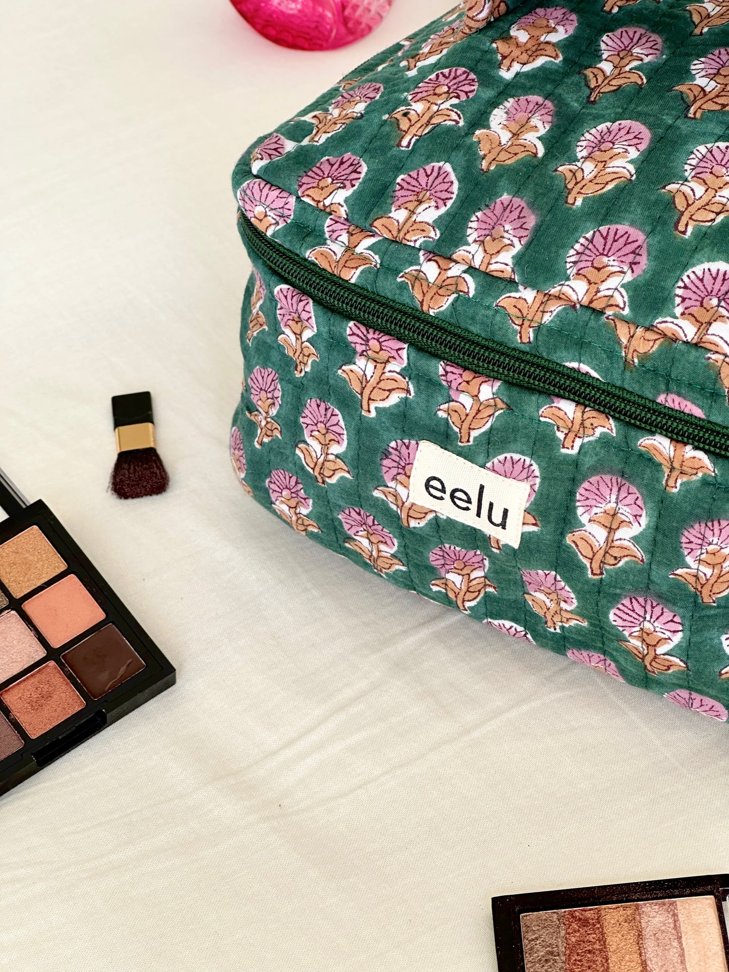 Quilted Vanity Case | Handprinted Travel Organiser - Emerald Green