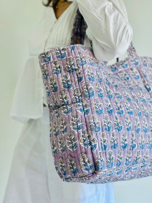 Saraa Tote Bag – Reversible Quilted Cotton Tote | Hand-Printed Travel Bag