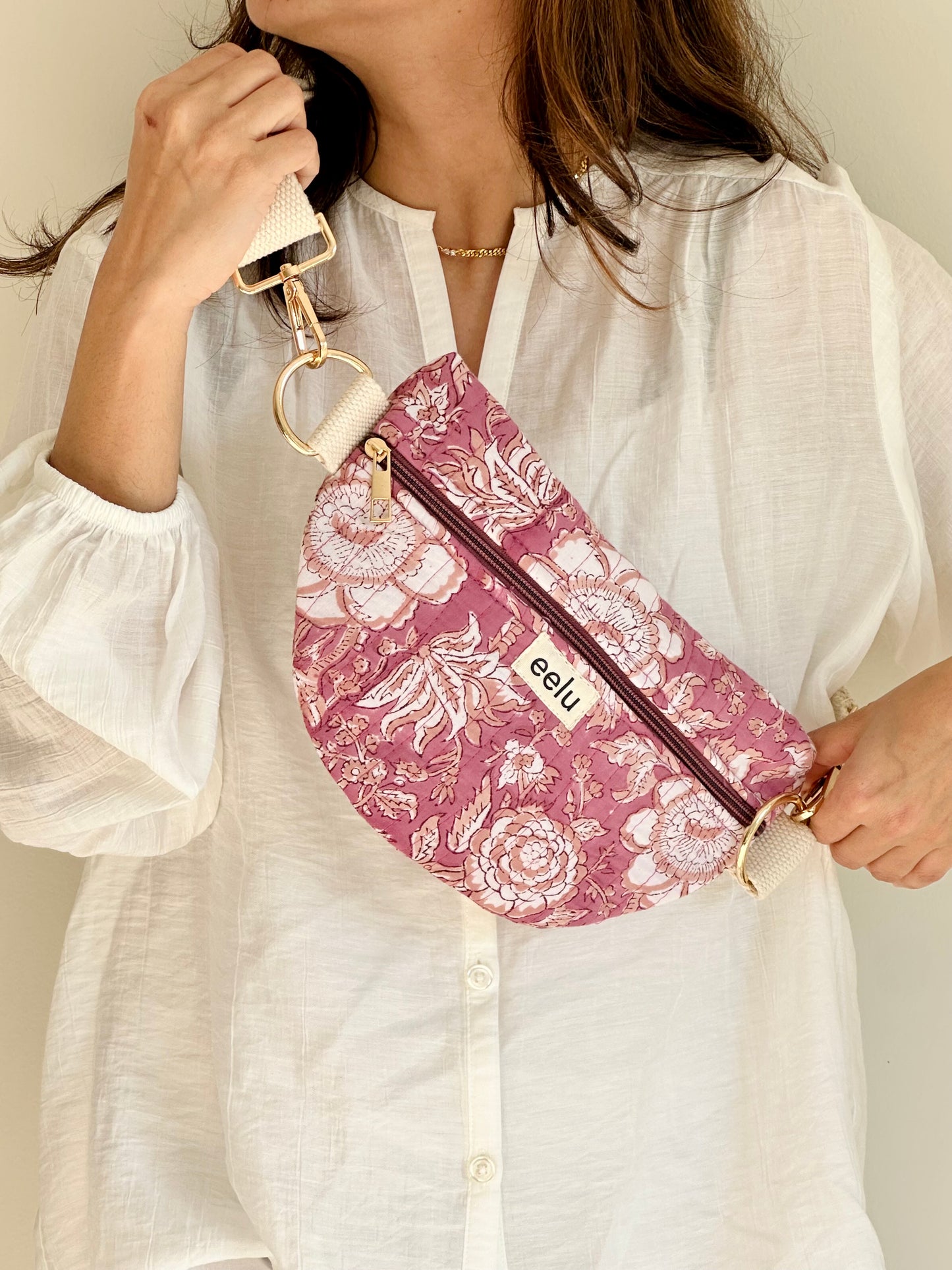 Indira Crossbody Bag – Handmade Magenta Floral Sling | Cotton Block Print