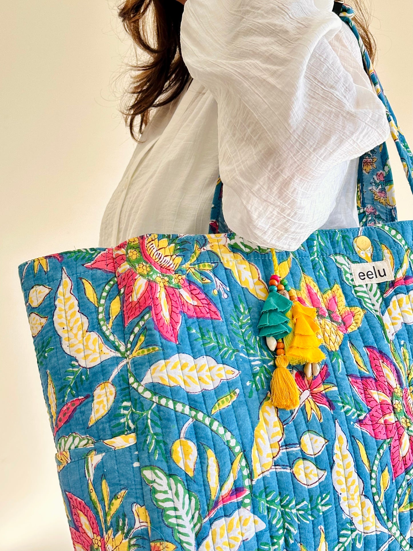 Nilya Tote Bag – Reversible Quilted Cotton Tote | Hand-Printed Travel Bag