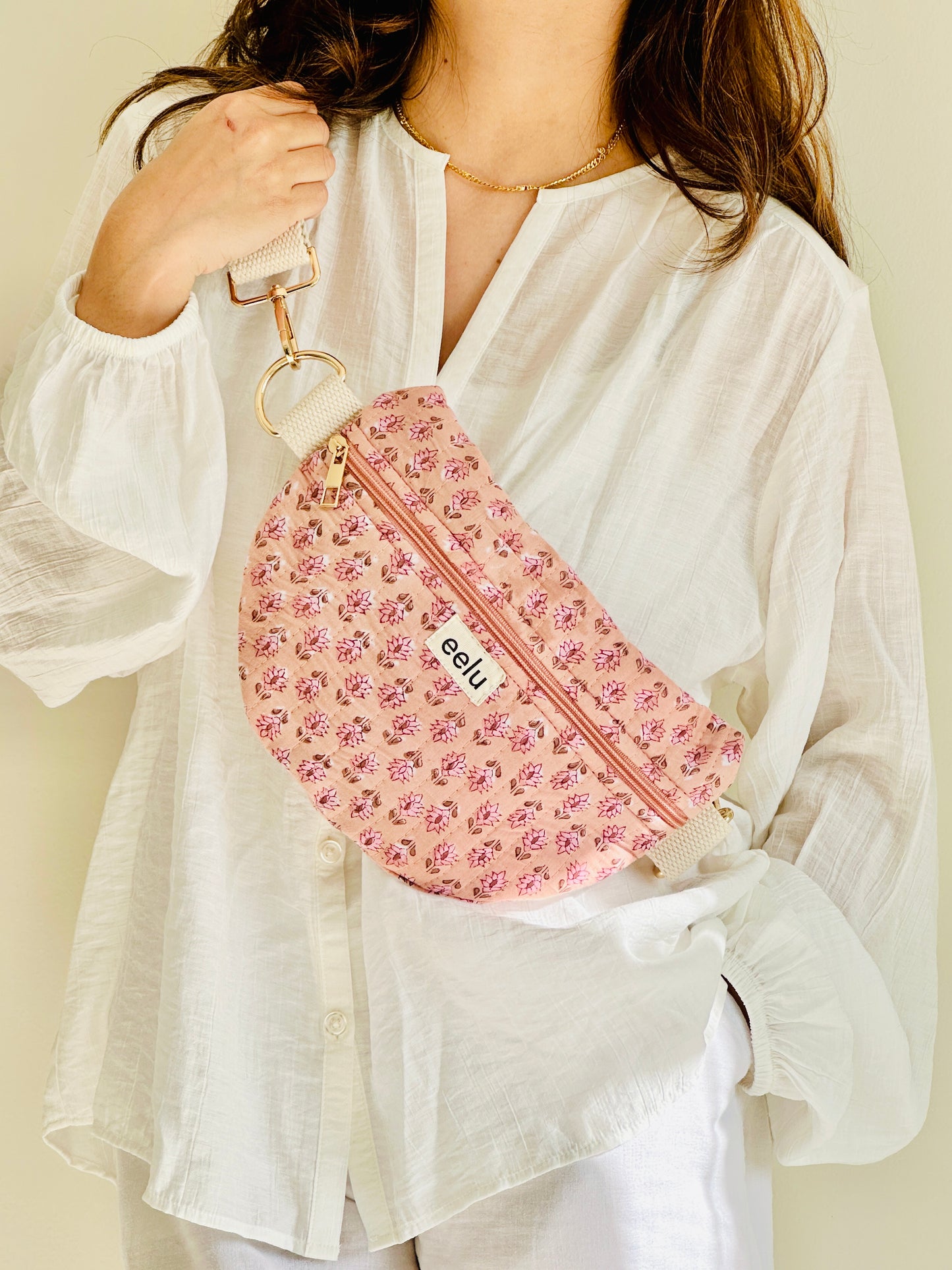 Gulika Crossbody Bag – Handmade Pink Floral Sling | Cotton Block Print