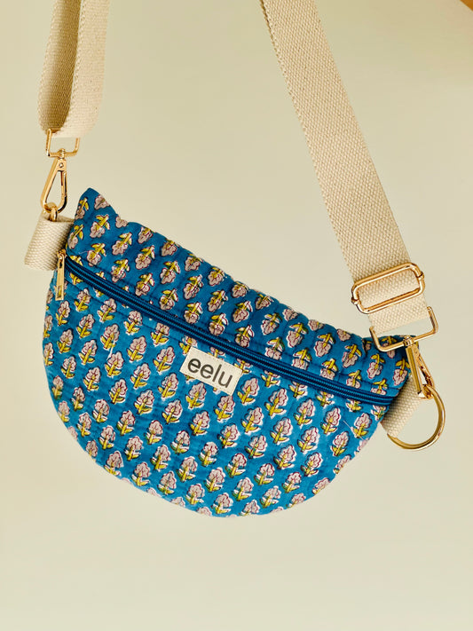 Neela Crossbody Bag – Handmade Blue Floral Sling | Cotton Block Print