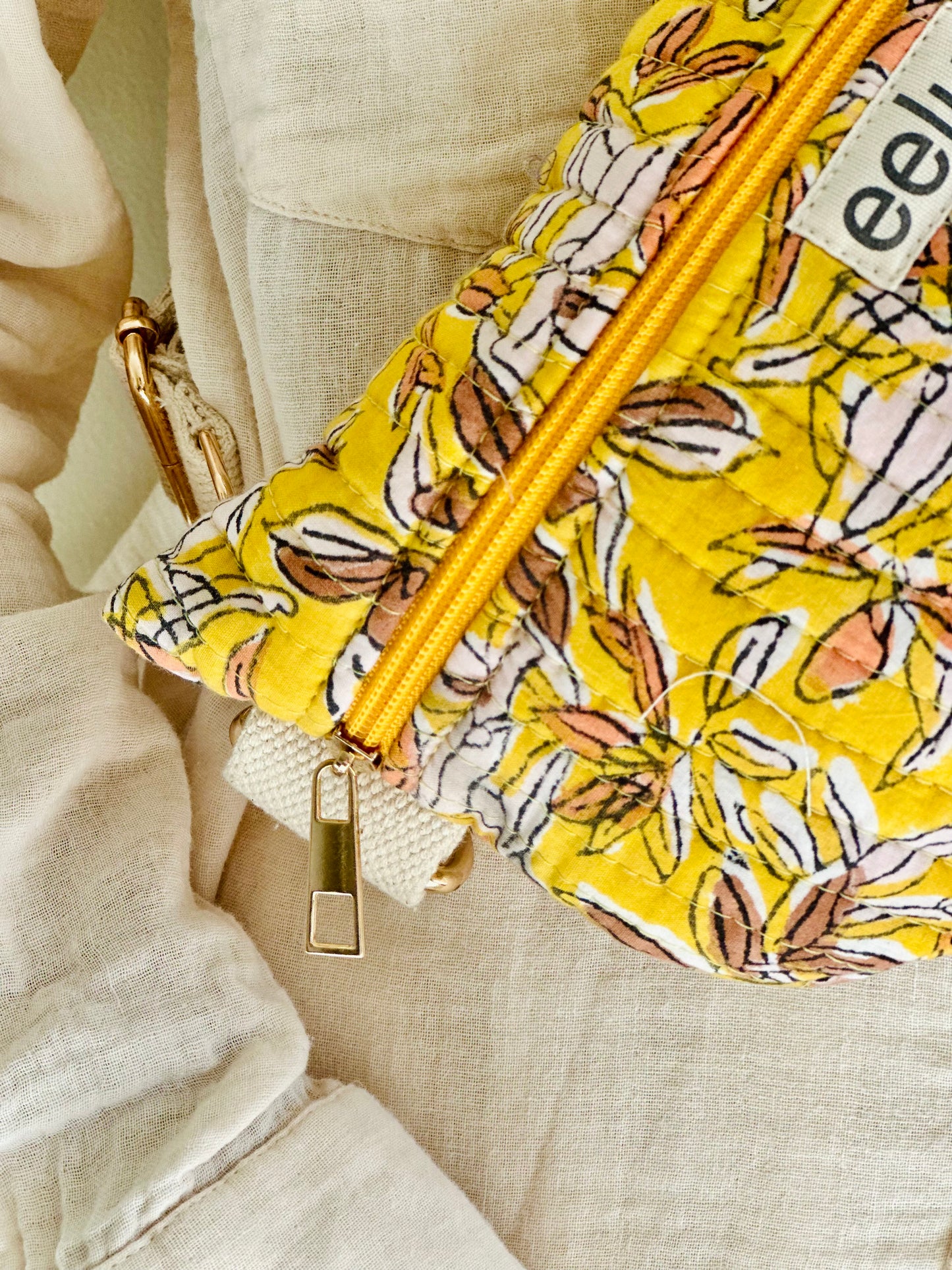 Mukhi Crossbody Bag – Handmade Yellow Floral Sling | Cotton Block Print