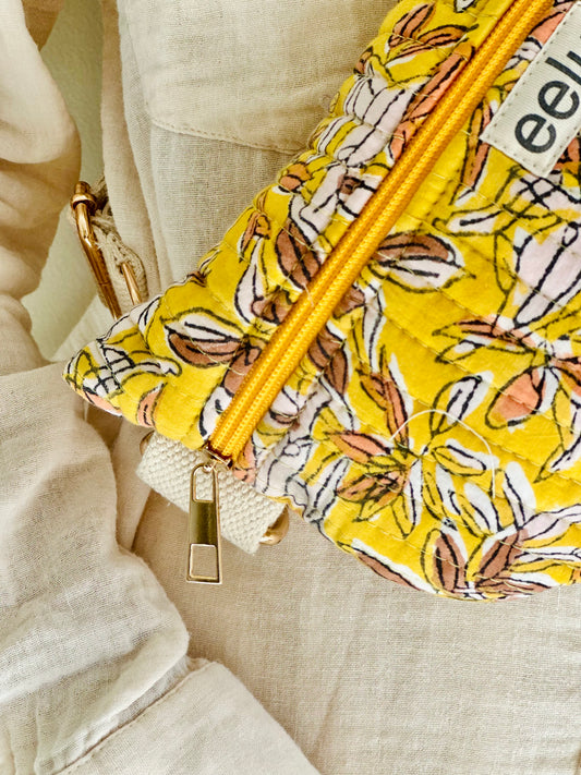 Mukhi Crossbody Bag – Handmade Yellow Floral Sling | Cotton Block Print