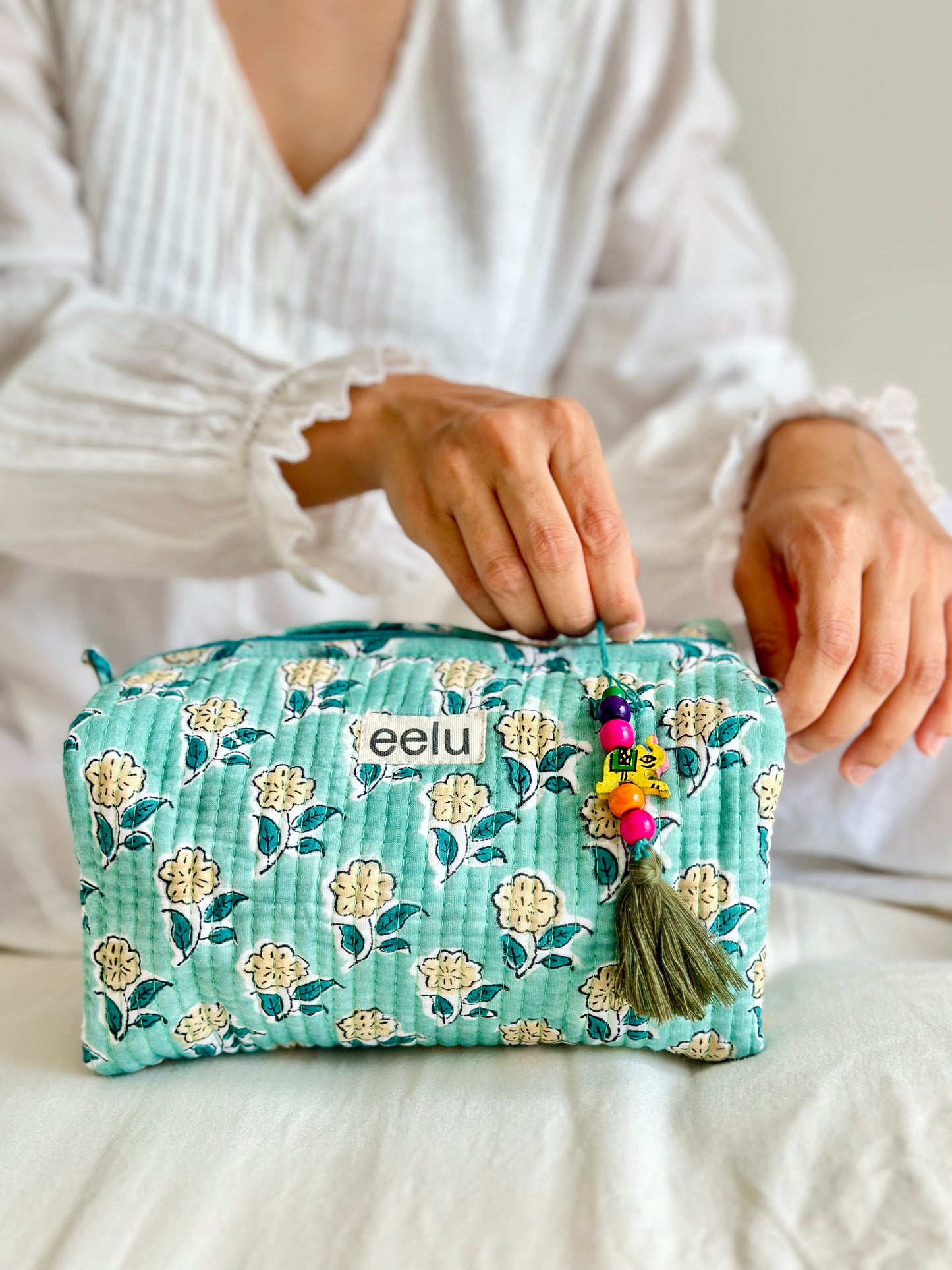 Mogra Quilted Makeup Pouch – Handcrafted Cotton Travel Bag | Small & Large
