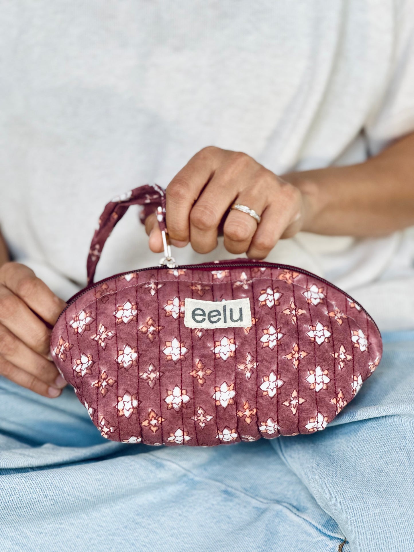 Gulabi Petite Pouch – Quilted Cotton Coin & Travel Bag | Hand-Printed Mini Case