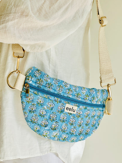 Anaya Crossbody Bag – Handmade Blue Floral Sling | Cotton Block Print