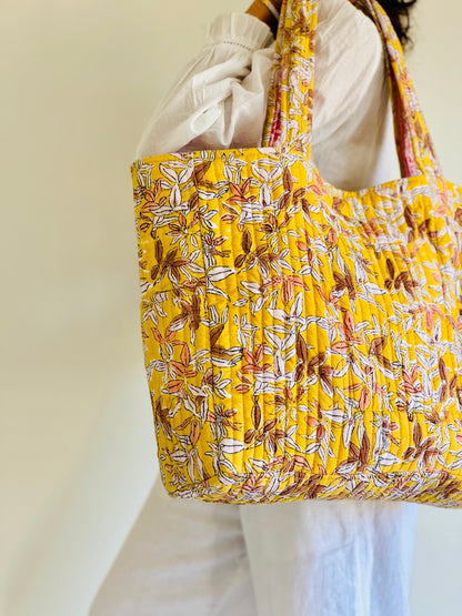 Mukhi Tote Bag – Reversible Quilted Cotton Tote | Hand-Printed Travel Bag