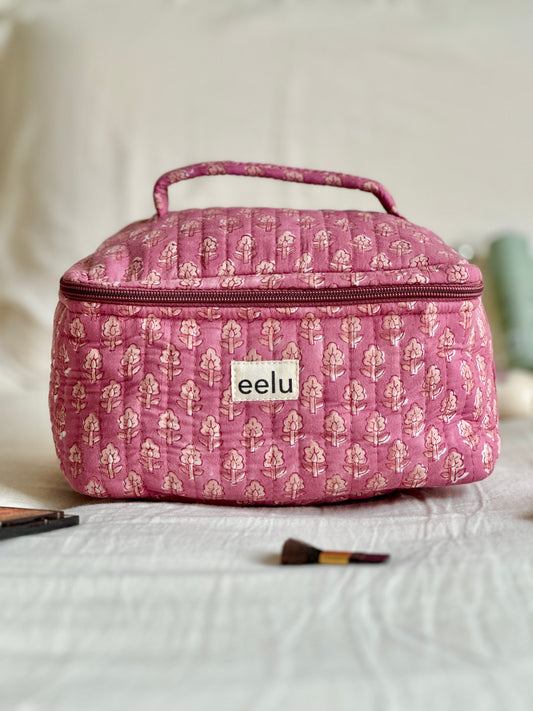 Quilted Vanity Case | Handprinted Travel Organiser - Mauve Bloom