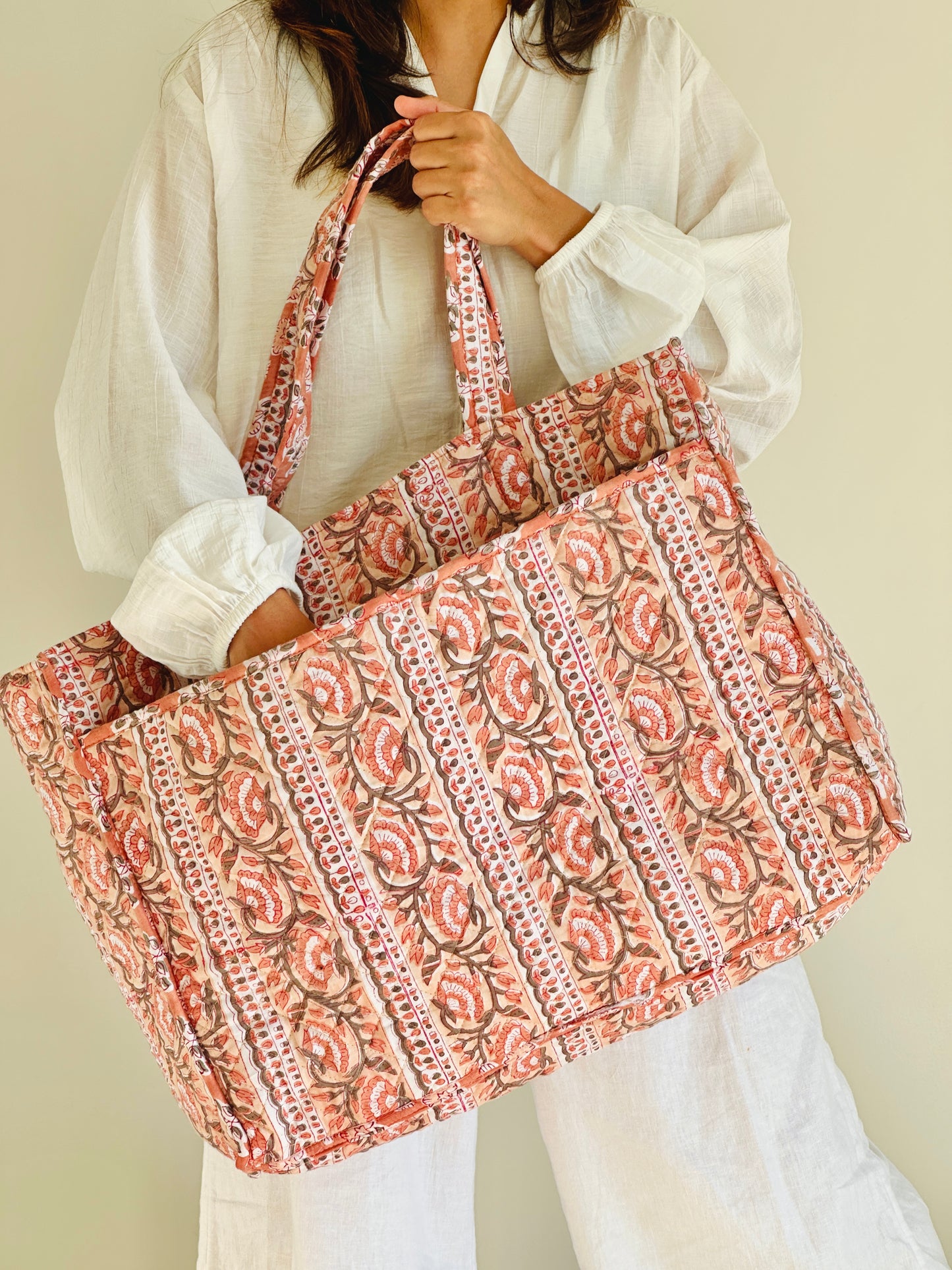 Reversible Quilted Cotton Tote - Hand-Printed Travel Bag | Nude Brown