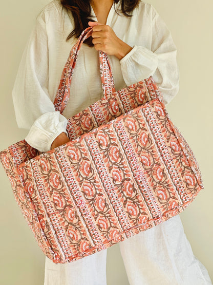 Reversible Quilted Cotton Tote - Hand-Printed Travel Bag | Nude Brown