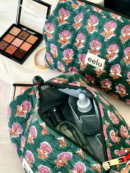 Quilted Cotton Makeup Pouch | Handcrafted Travel Bag - Emerald Green