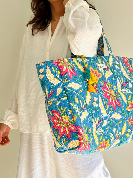 Nilya Tote Bag – Reversible Quilted Cotton Tote | Hand-Printed Travel Bag