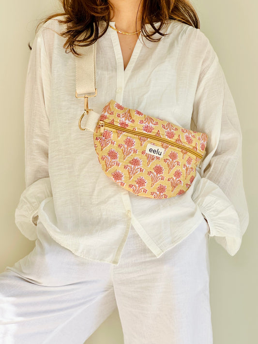 Surya Crossbody Bag – Handmade Yellow Floral Sling | Cotton Block Print