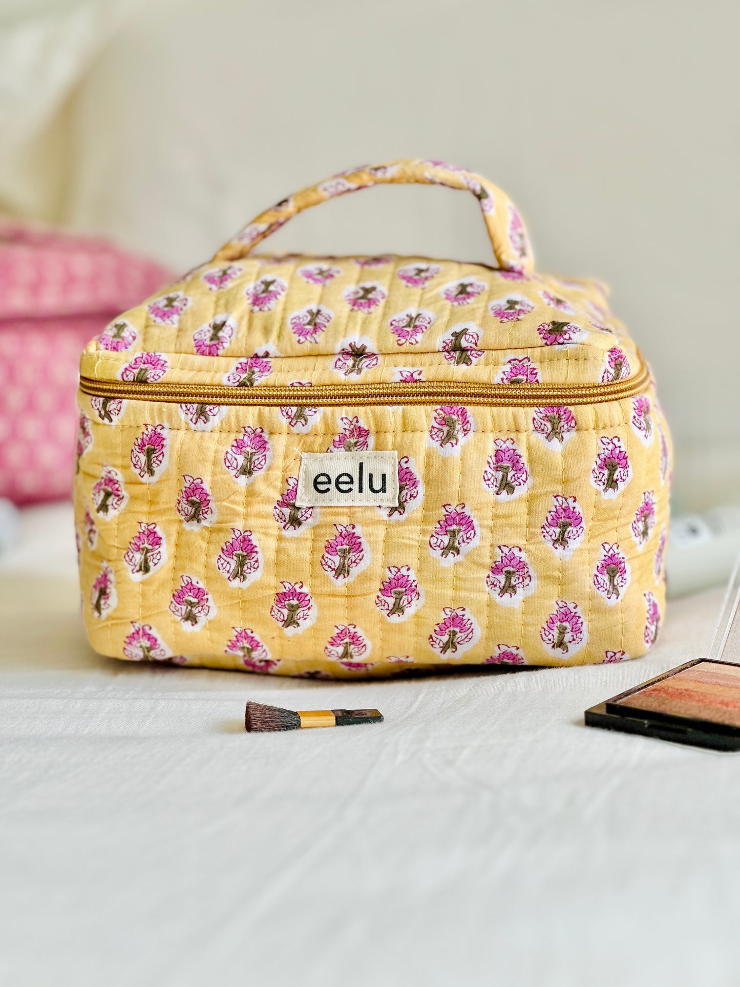 Quilted Vanity Case | Handprinted Travel Organiser - Lemon Yellow