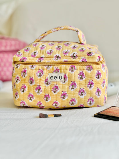Quilted Vanity Case | Handprinted Travel Organiser - Lemon Yellow