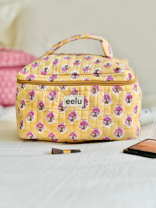 Quilted Vanity Case | Handprinted Travel Organiser - Lemon Yellow