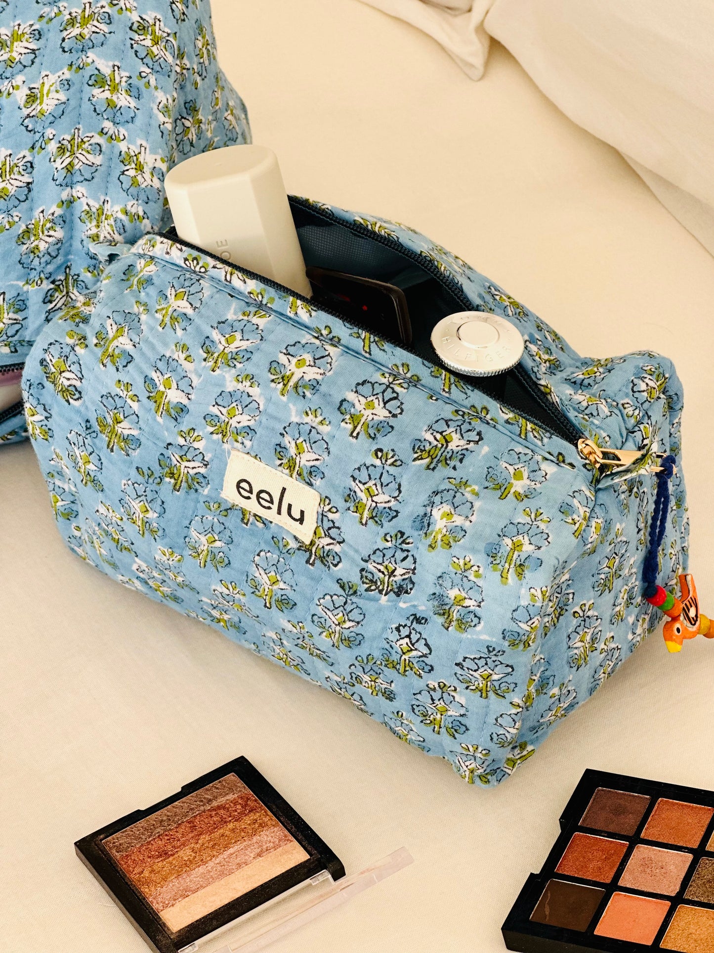Quilted Cotton Makeup Pouch | Handcrafted Travel Bag - Sky Blue