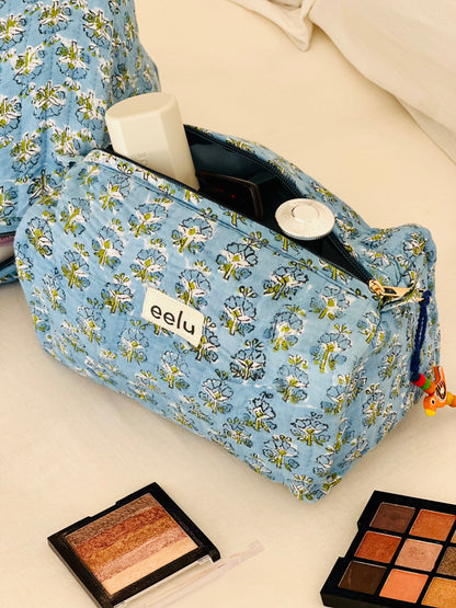 Quilted Cotton Makeup Pouch | Handcrafted Travel Bag - Sky Blue