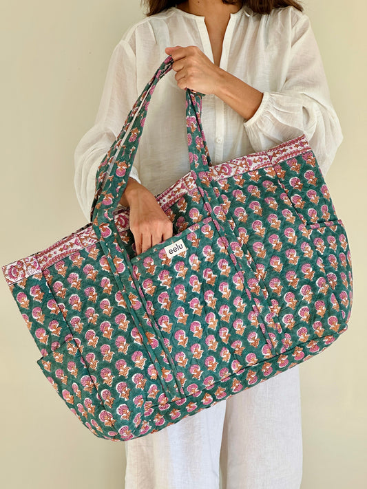 Reversible Quilted Cotton Tote - Hand-Printed Travel Bag | Emerald Green