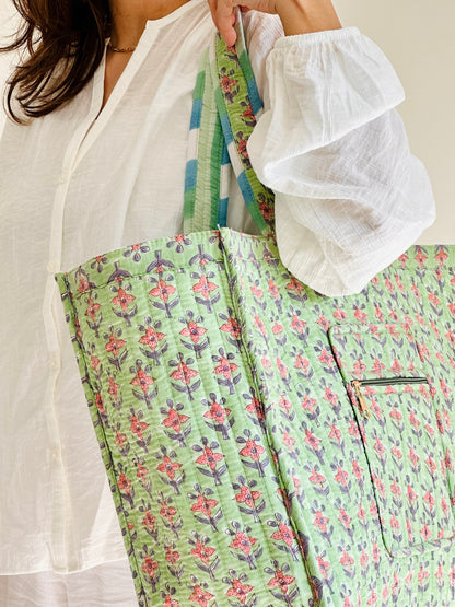 Ganga Tote Bag – Reversible Quilted Cotton Tote | Hand-Printed Travel Bag
