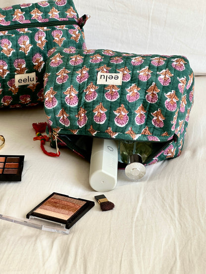 Quilted Cotton Makeup Pouch | Handcrafted Travel Bag - Emerald Green