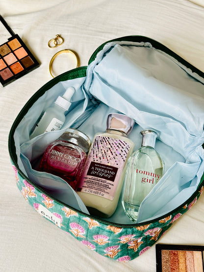 Quilted Vanity Case | Handprinted Travel Organiser - Emerald Green