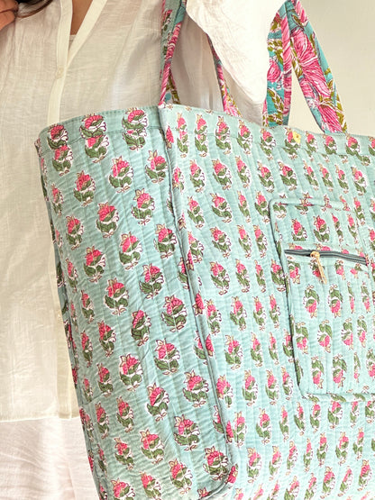 Anandi Tote Bag – Reversible Quilted Cotton Tote | Hand-Printed Travel Bag