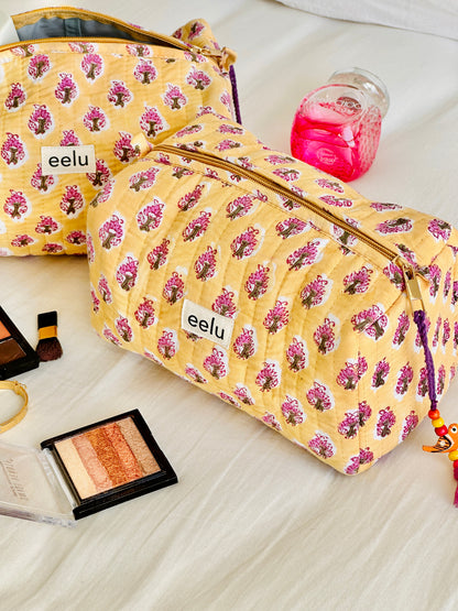 Quilted Cotton Makeup Pouch | Handcrafted Travel Bag - Lemon Yellow