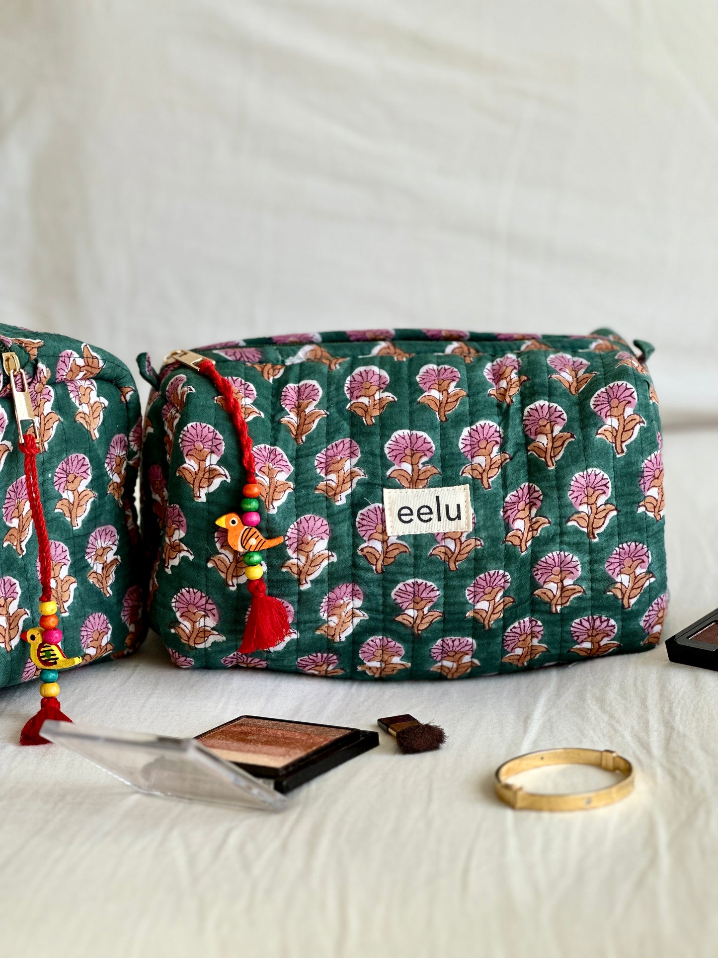 Quilted Cotton Makeup Pouch | Handcrafted Travel Bag - Emerald Green