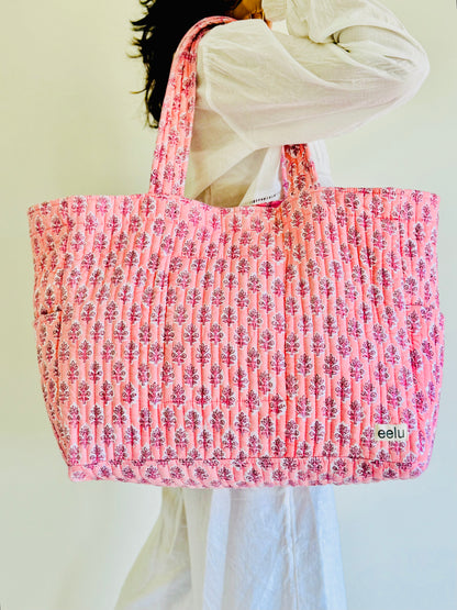 Pakhi Tote Bag – Reversible Quilted Cotton Tote | Hand-Printed Travel Bag