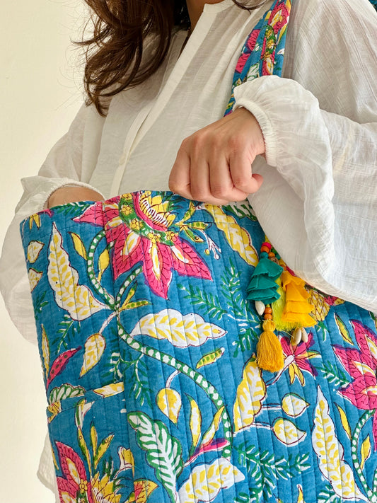 Nilya Tote Bag – Reversible Quilted Cotton Tote | Hand-Printed Travel Bag