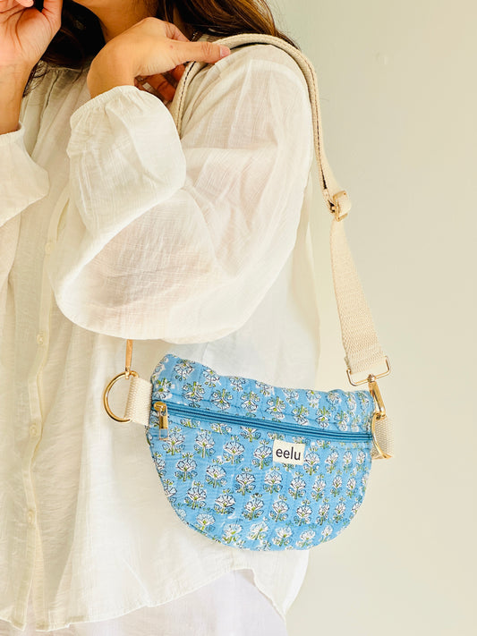 Anaya Crossbody Bag – Handmade Blue Floral Sling | Cotton Block Print