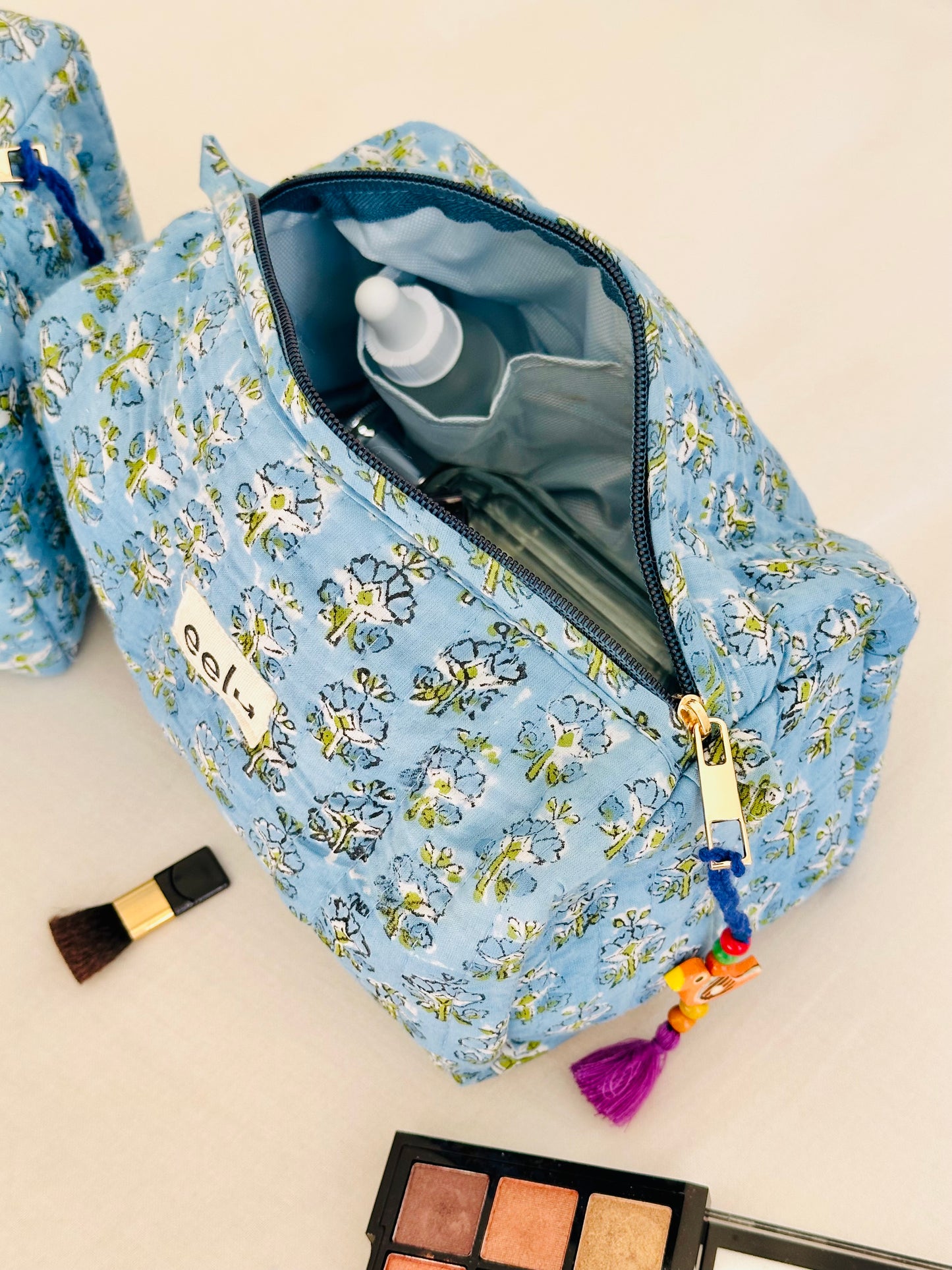 Quilted Cotton Makeup Pouch | Handcrafted Travel Bag - Sky Blue