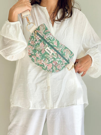 Leela Crossbody Bag – Handmade Green Floral Sling | Cotton Block Print