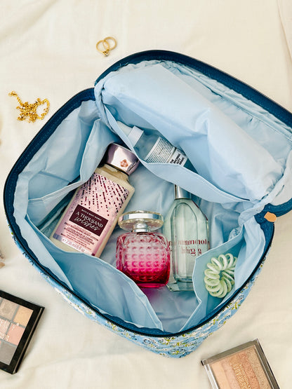 Quilted Vanity Case | Handprinted Travel Organiser - Sky Blue