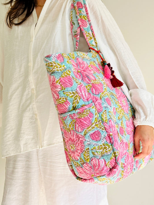 Anandi Tote Bag – Reversible Quilted Cotton Tote | Hand-Printed Travel Bag