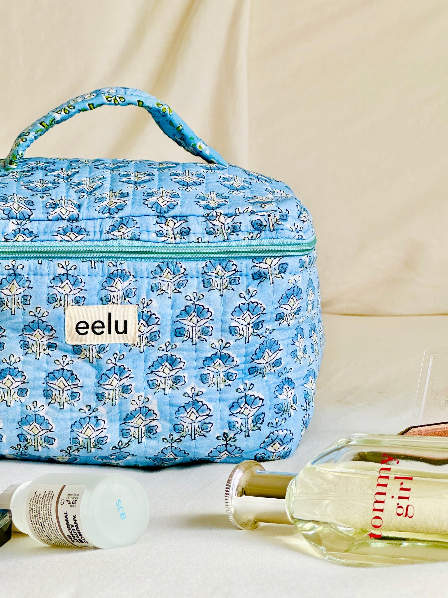 Quilted Vanity Case | Handprinted Travel Organiser - Sky Blue