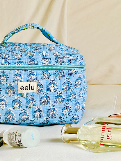 Quilted Vanity Case | Handprinted Travel Organiser - Sky Blue