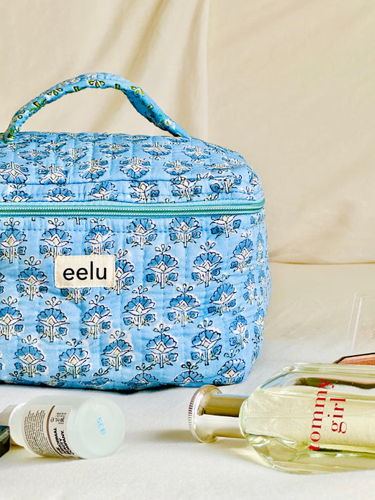 Quilted Vanity Case | Handprinted Travel Organiser - Sky Blue
