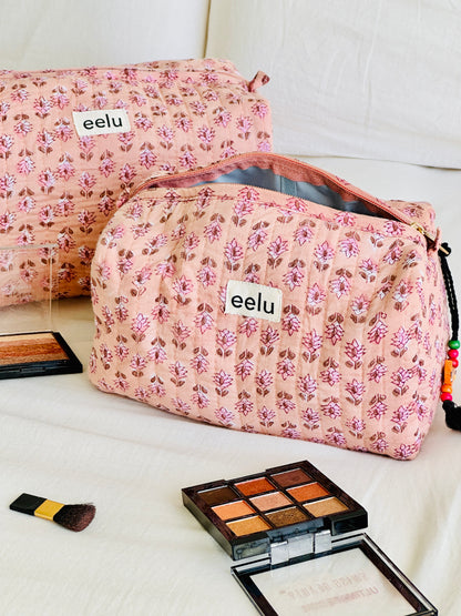 Quilted Cotton Makeup Pouch | Handcrafted Travel Bag - Nude Pink