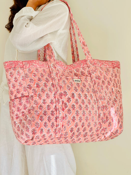 Reversible Quilted Cotton Tote - Hand-Printed Travel Bag | Blush Pink