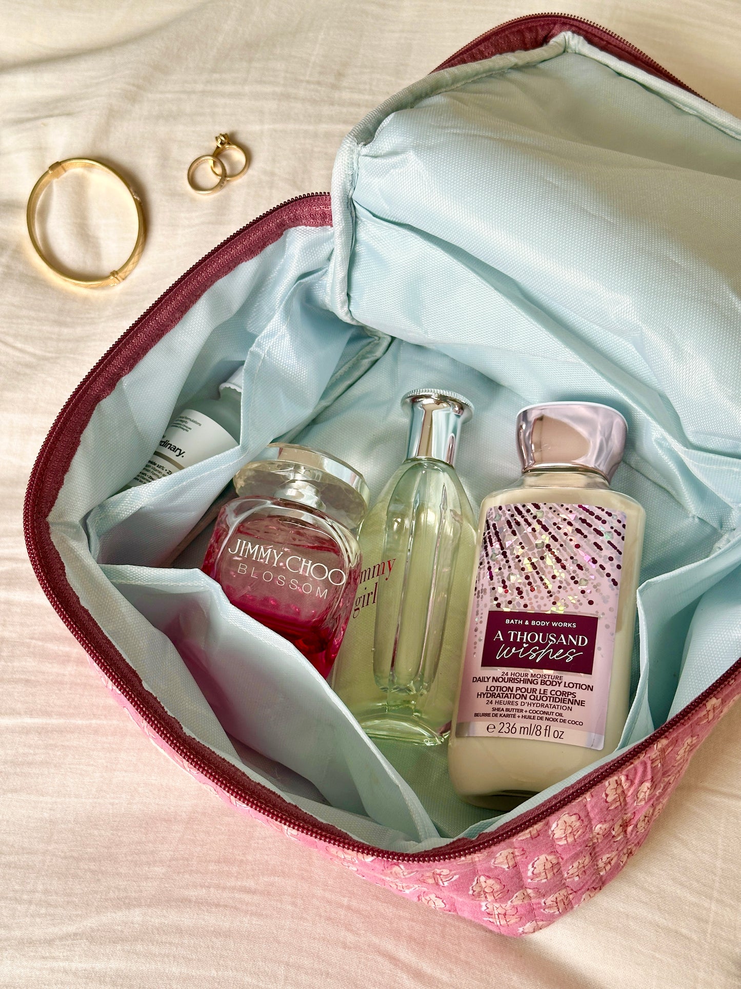 Quilted Vanity Case | Handprinted Travel Organiser - Mauve Bloom
