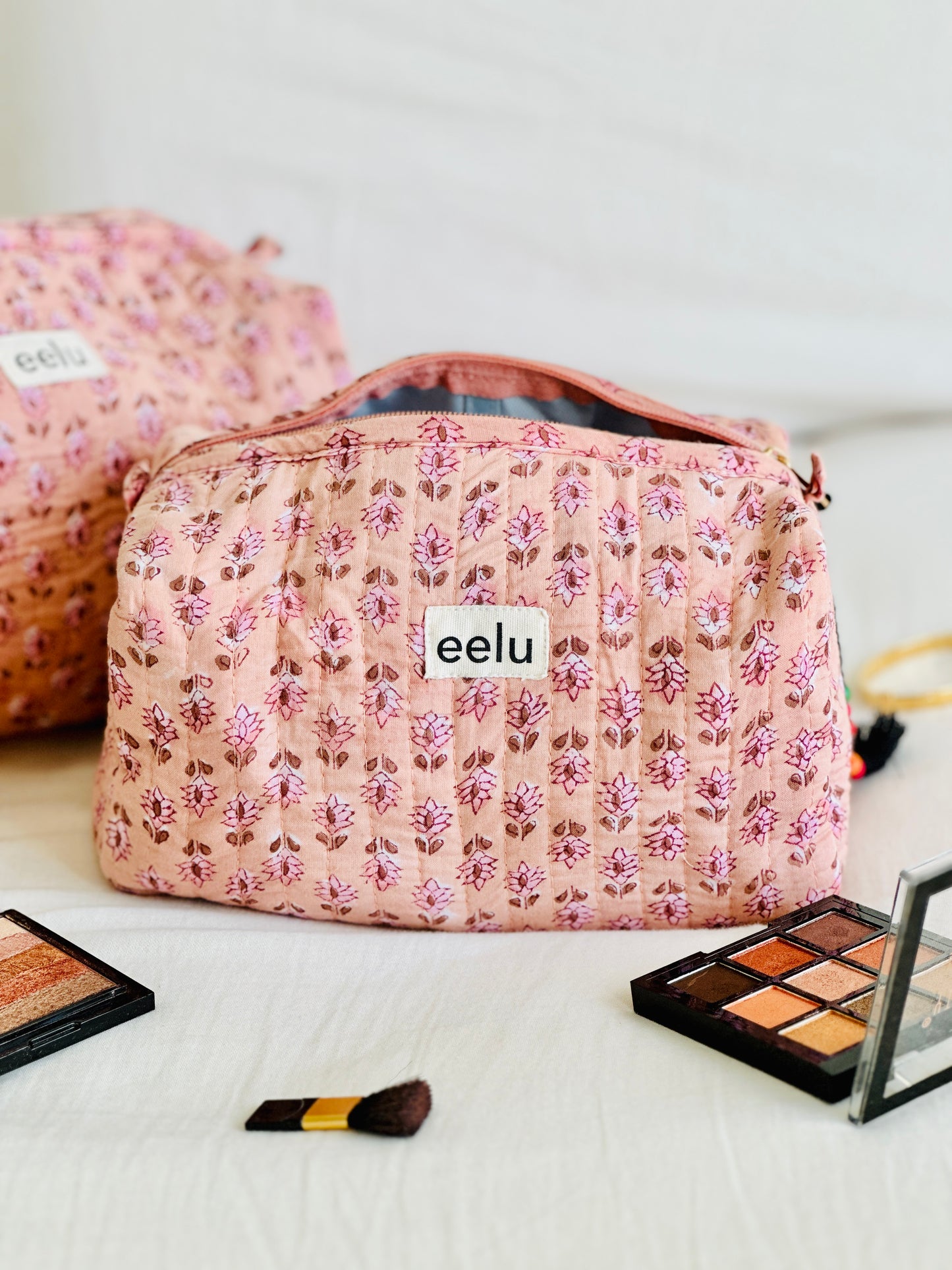 Quilted Cotton Makeup Pouch | Handcrafted Travel Bag - Nude Pink